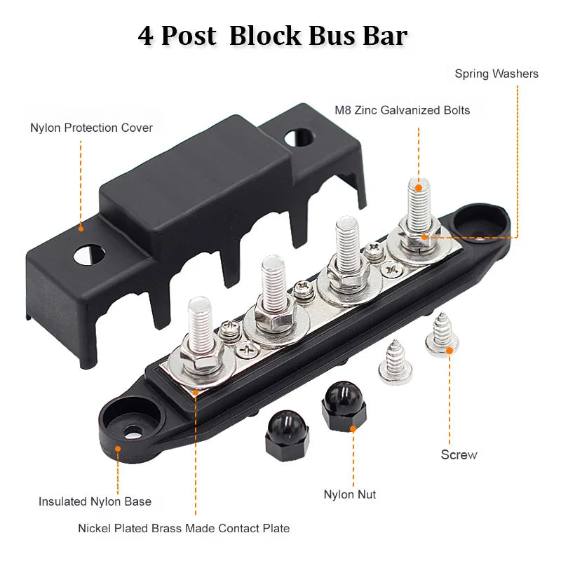 250A 4 Stud 3/8 M10 Post Type Battery Distribution Terminal Busbar with Cover for Marine Auto Use