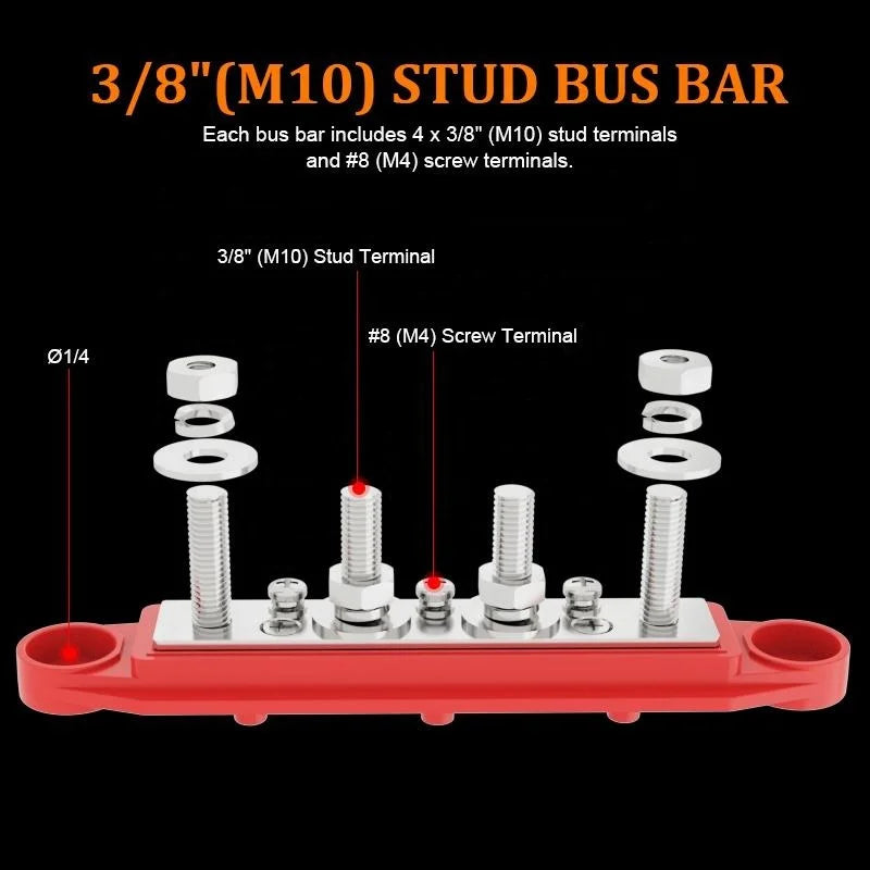 250A 4 Stud 3/8 M10 Post Type Battery Distribution Terminal Busbar with Cover for Marine Auto Use