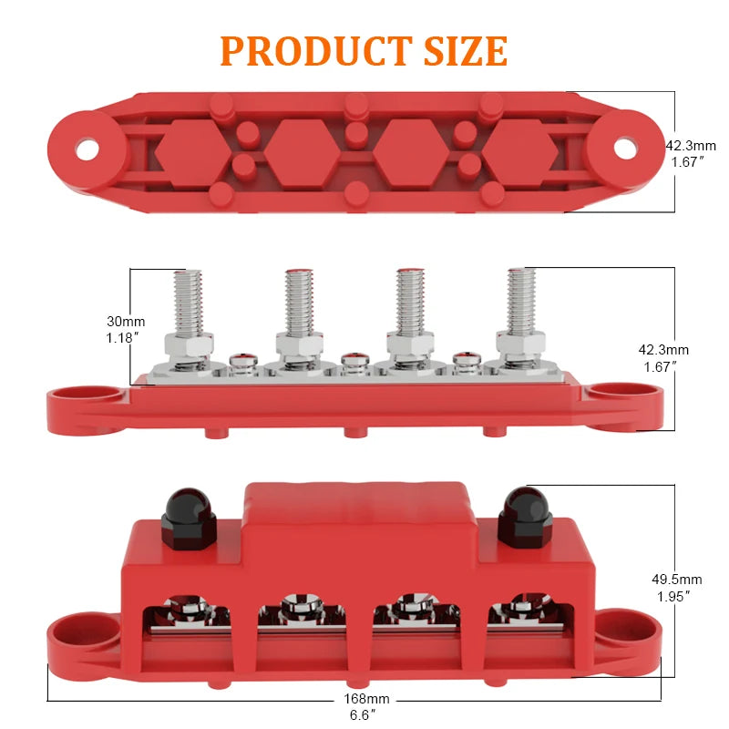 250A 4 Stud 3/8 M10 Post Type Battery Distribution Terminal Busbar with Cover for Marine Auto Use