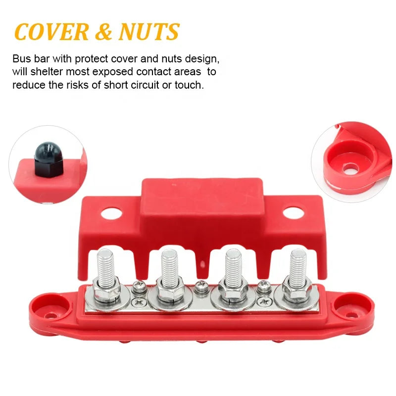 250A 4 Stud 3/8 M10 Post Type Battery Distribution Terminal Busbar with Cover for Marine Auto Use