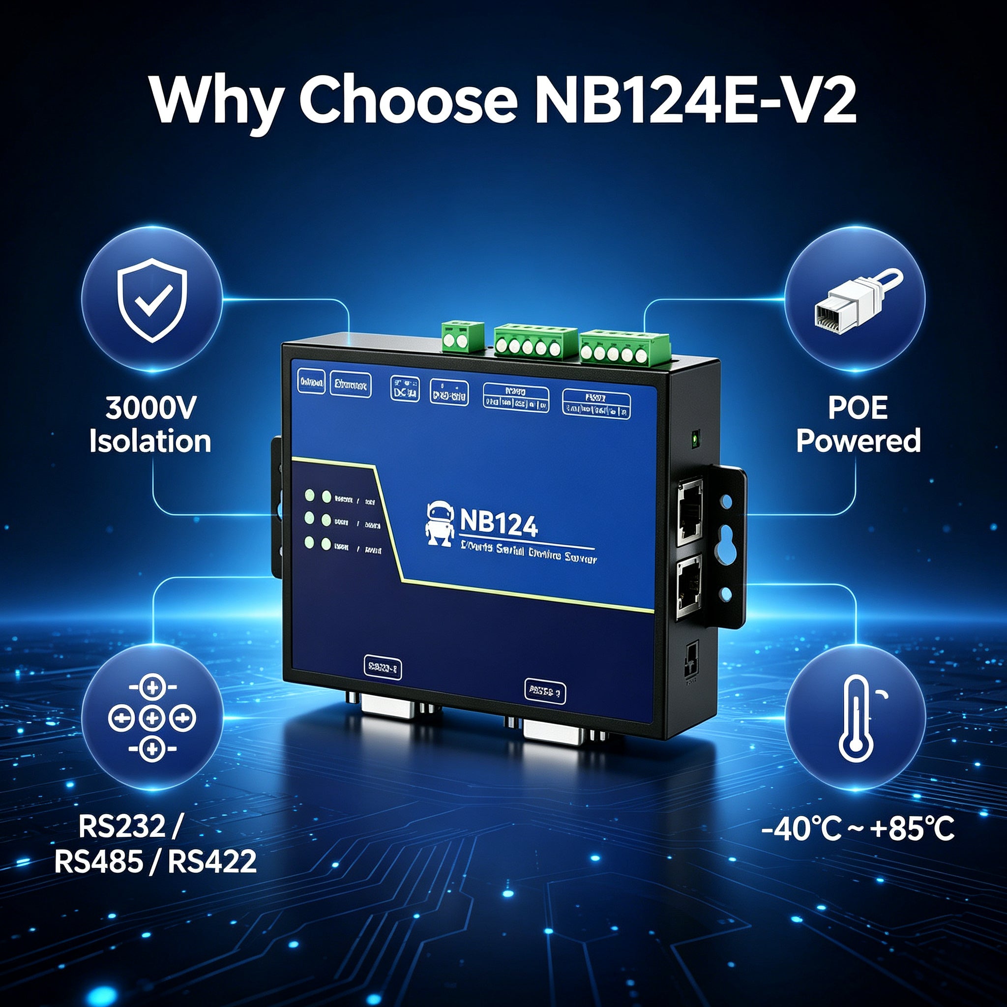 Industrial Modbus Gateway NB124E-V2 RS232 RS485 to Ethernet Serial Server with PoE & Galvanic Isolation