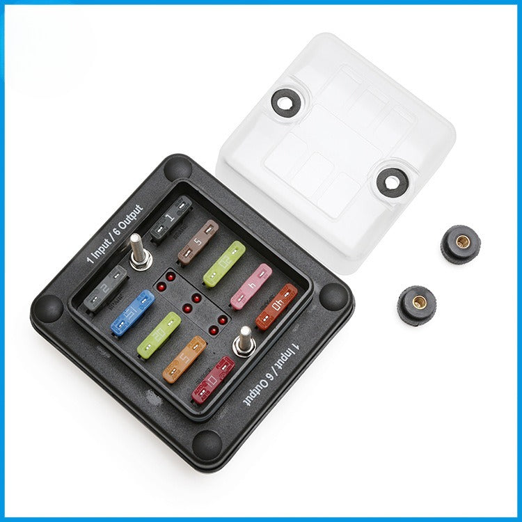 6-Way Waterproof Fuse Block with LED Indicator (1 In 6 Out) - 32V 20A Blade Fuse Box for Marine, Boat, RV, Camper, Truck & Off-Road